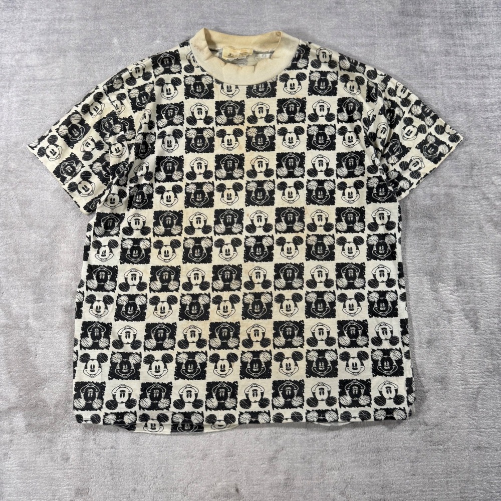 Mickey & Friends Shirt Mens XL White Black AOP Checkered Vintage 70s Disney